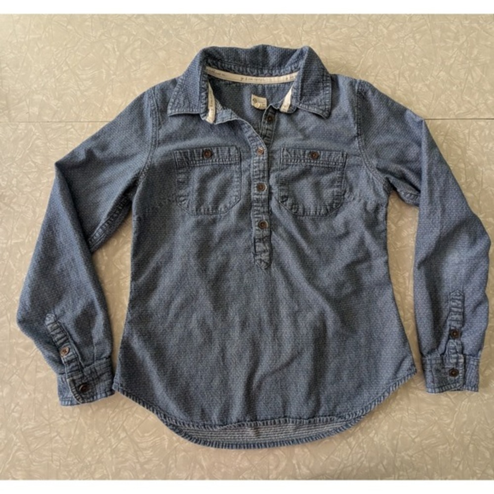 Toms S Blue Chambray Popover White Dots 1/2 Button Up‎ 100% Cotton